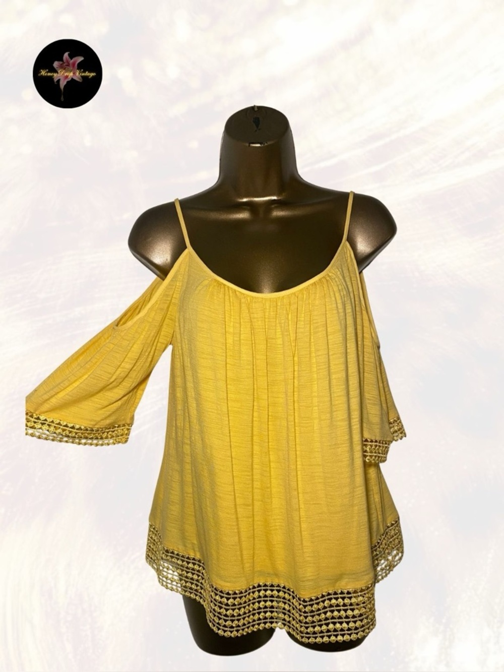 White House Black Market Yellow Cold Shoulder Crochet Trim Top
